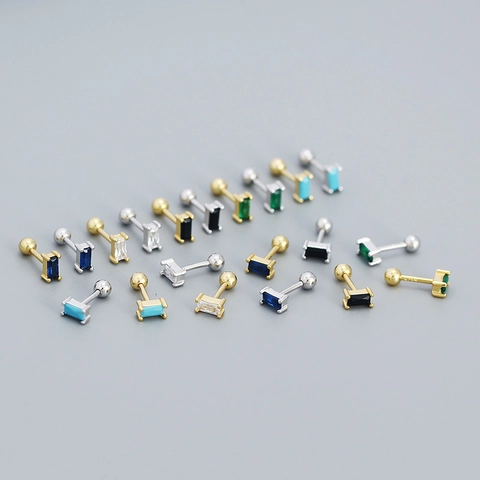 S925 Sterling Silver Baguette Cut Zirconia Stud Earrings For Women Tiny Geometric Screw Back Cartilage Earrings Gold Jewelry