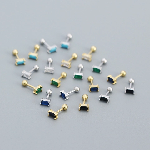 S925 Sterling Silver Baguette Cut Zirconia Stud Earrings For Women Tiny Geometric Screw Back Cartilage Earrings Gold Jewelry