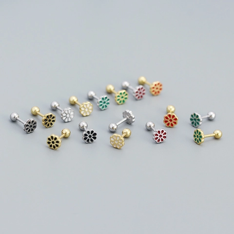 925 Sterling Silver Flower Stud Earrings Enamel Drip Oil Small Floral Screw Back Jewelry For Women Girls Daily Accessory