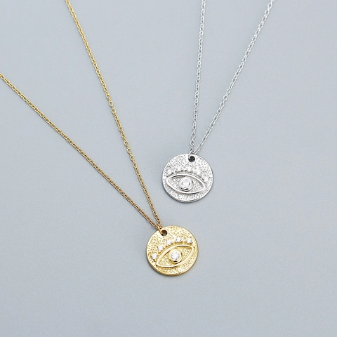 Collana Con Pendente Malocchio in Argento Sterling 925 Per Donna Catena Clavicola a Disco Rotondo Martellato Retro Con Strass Gioielli Regalo
