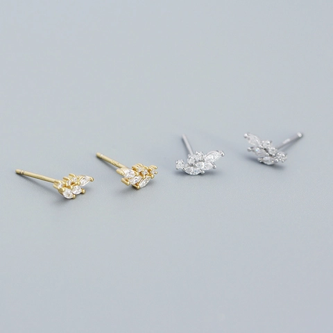Orecchini a Bottone in Argento Sterling 925 a Forma di Foglia per Donna Eleganti Orecchini con Strass Gioielli Botanici Oro Argento
