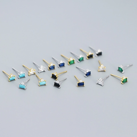 925 Sterling Silver Geometric Baguette Zirconia Stud Earrings For Women Minimalist Small Rectangular Zirconia Piercing Jewelry
