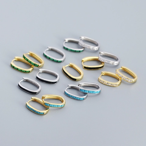 925 Sterling Zilver Zirconia Hoop Oorbellen Voor Vrouwen Rechthoekige Ingelegde Geometrische Huggie Oorbellen Goud Zilver Sieraden