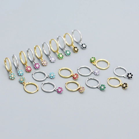 925 Sterling Silver Flower Hoop Earrings Colorful Zirconia Inlaid Floral Ear Clips For Women Elegant Jewelry Accessory