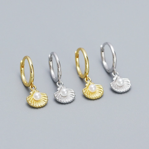 Boucles d'Oreilles Créoles en Argent Sterling S925 Coquillage Perle Artificielle Style Océan Pendentif Coquillage Bijoux Femme