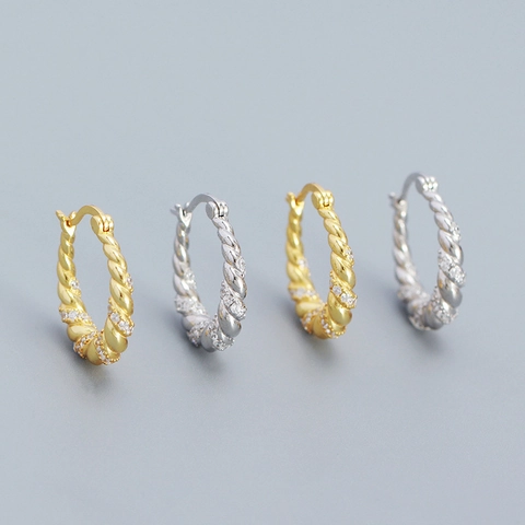 925 Sterling Silver Twisted Braid Hoop Earrings For Women Pave Rhinestone U-Shaped Earrings French Vintage Style Jewelry