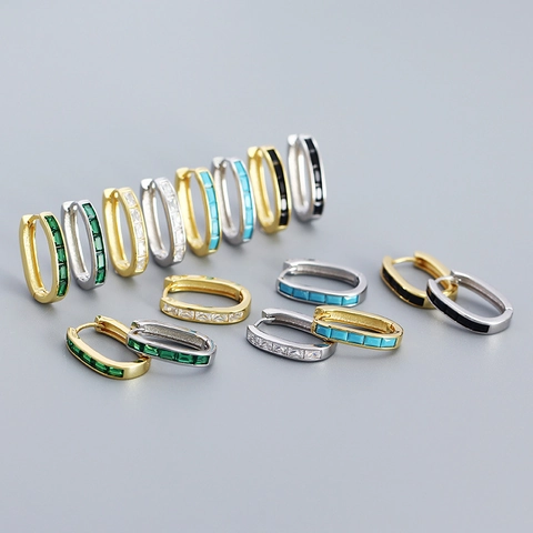 925 Sterling Zilver Zirconia Hoop Oorbellen Voor Vrouwen Rechthoekige Ingelegde Geometrische Huggie Oorbellen Goud Zilver Sieraden