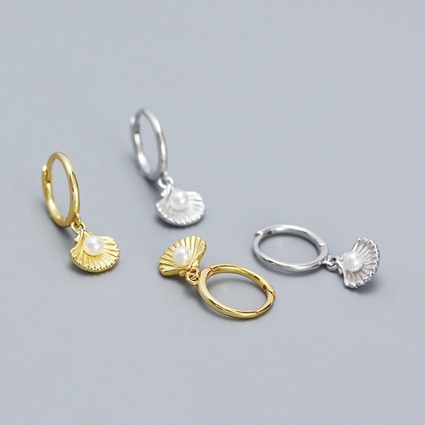 Boucles d'Oreilles Créoles en Argent Sterling S925 Coquillage Perle Artificielle Style Océan Pendentif Coquillage Bijoux Femme