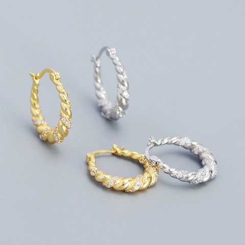925 Sterling Silver Twisted Braid Hoop Earrings For Women Pave Rhinestone U-Shaped Earrings French Vintage Style Jewelry