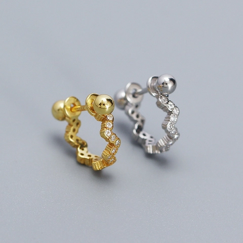 Orecchini a Bottone in Argento Sterling S925 a Onda Con Strass Geometrici Piccoli Piercing Con Chiusura a Sfera Per Donna