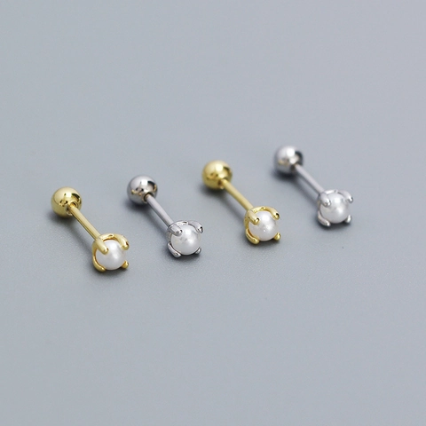 S925 Argento Sterling Mini Orecchini a Bottone con Perla Artificiale per Donna Semplice Perno Filettato a Sfera Gioielli Regalo