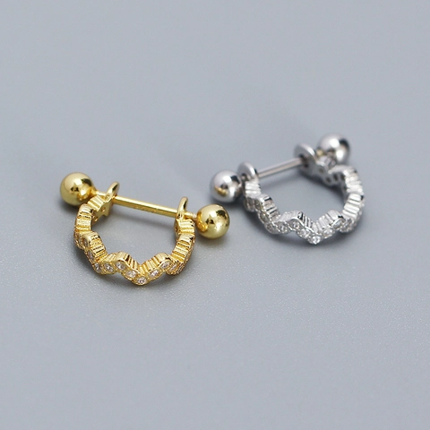 Orecchini a Bottone in Argento Sterling S925 a Onda Con Strass Geometrici Piccoli Piercing Con Chiusura a Sfera Per Donna