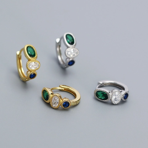 925 Sterling Silver Huggie Earrings For Women Vintage Three Color Zirconia Geometric Hoop Earrings Gold Silver Jewelry
