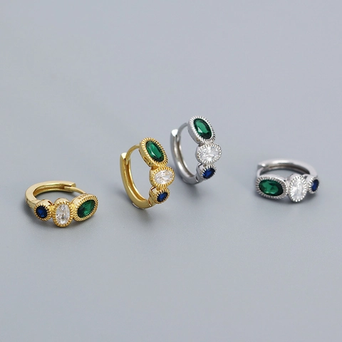 925 Sterling Silver Huggie Earrings For Women Vintage Three Color Zirconia Geometric Hoop Earrings Gold Silver Jewelry
