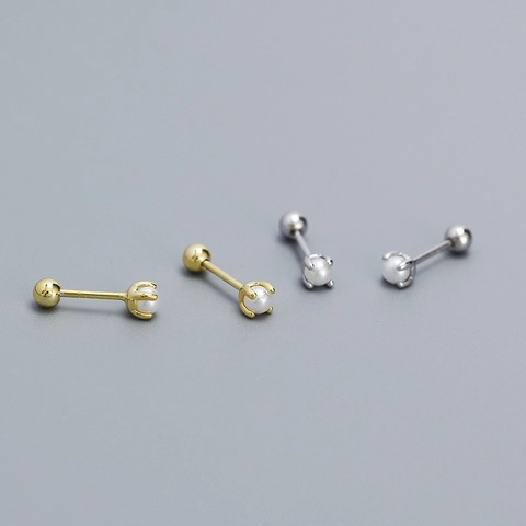 S925 Argento Sterling Mini Orecchini a Bottone con Perla Artificiale per Donna Semplice Perno Filettato a Sfera Gioielli Regalo
