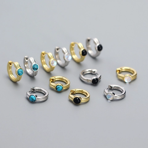 925 Sterling Silver Huggie Hoop Earrings For Women Synthetic Turquoise Moonstone Black Onyx Inlaid Gold Silver Plated Jewelry