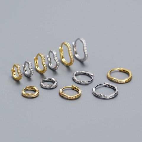 Minimalist 925 Sterling Silver Wavy Rhinestone Hoop Earrings For Women Elegant Geometric Pave Ear Buckle Jewelry Gold Platinum Plated