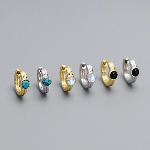925 Sterling Silver Huggie Hoop Earrings For Women Synthetic Turquoise Moonstone Black Onyx Inlaid Gold Silver Plated Jewelry