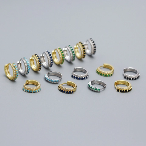 S925 Sterling Silver Huggie Hoop Earrings For Women Double Row Rhinestone Geometric Round Minimalist Ear Buckle Accessory