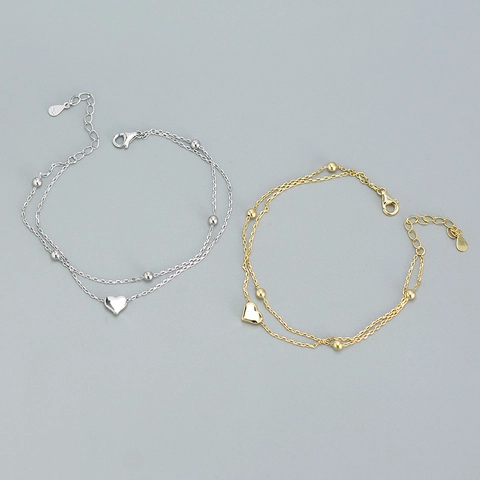 Pulsera de Plata de Ley 925 de Doble Capa Para Mujer Corazón Minimalista Coreano Cadena Delgada Con Cuentas Joyería Regalo