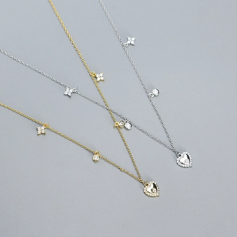 Collana con Pendente a Cuore in Argento Sterling 925 Vintage Francese con Strass e Ciondoli a Quadrifoglio per Donna