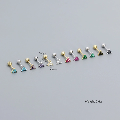 S925 Sterling Silver Clover Stud Earrings Colorful Rhinestone Screw Back Ear Bone Studs Minimalist Jewelry For Women