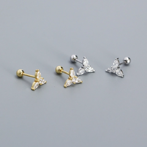 Orecchini a Bottone in Argento Sterling 925 Trifoglio a Triangolo con Strass Chiusura a Vite Piercing Donna
