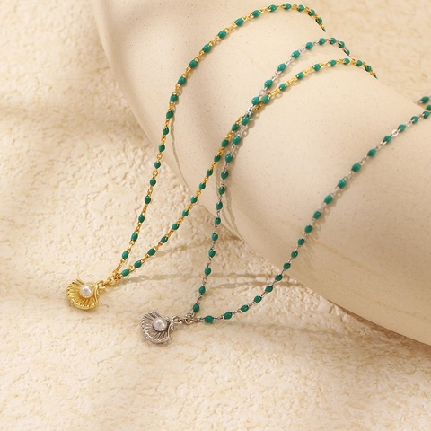 Collana in Argento Sterling 925 con Conchiglia Perla Artificiale Smalto e Perline da Donna Stile Oceano Catena Clavicola