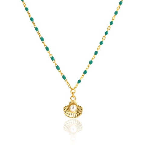 Collana in Argento Sterling 925 con Conchiglia Perla Artificiale Smalto e Perline da Donna Stile Oceano Catena Clavicola