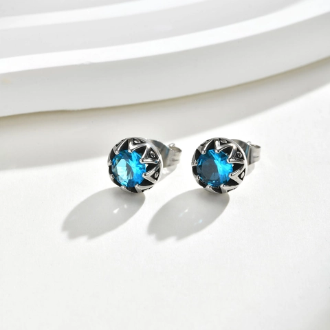 Orecchini a Bottone a Corona Vintage in Acciaio Inossidabile Blu Nero Strass Geometrici Punk per Uomo Donna Gioielli Stile Cool