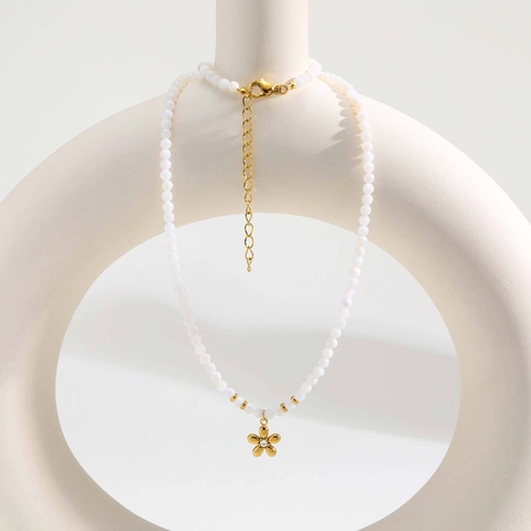 Stainless Steel Artificial Pearl Necklace Gold Flower Pendant Necklace For Women Rhinestone Braided Jewelry NC-2400