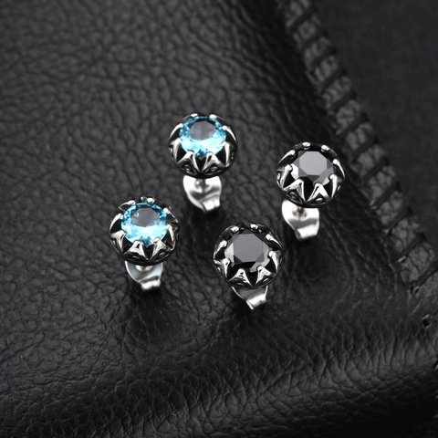 Orecchini a Bottone a Corona Vintage in Acciaio Inossidabile Blu Nero Strass Geometrici Punk per Uomo Donna Gioielli Stile Cool