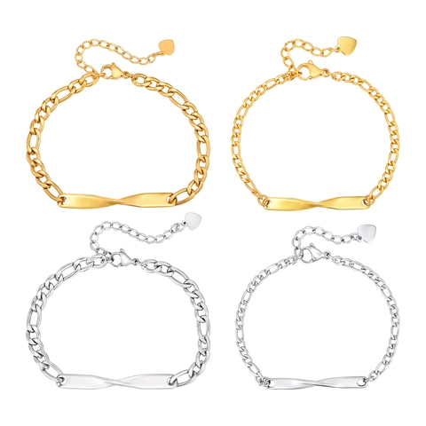 Modern Stainless Steel Twisted Bar Figaro Chain Bracelet For Couples Gold Silver Heart Charm Adjustable Jewelry Gift