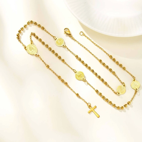 Collier Chapelet en Acier Inoxydable Rétro Chaîne à Perles Tricolores Avec Croix Médaille Notre Dame de Guadalupe Bijoux Religieux
