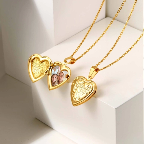 Collana con Medaglione a Cuore in Acciaio Inossidabile Vintage per Donna Pendente a Cornice Foto Apribile con Rose Goffrate