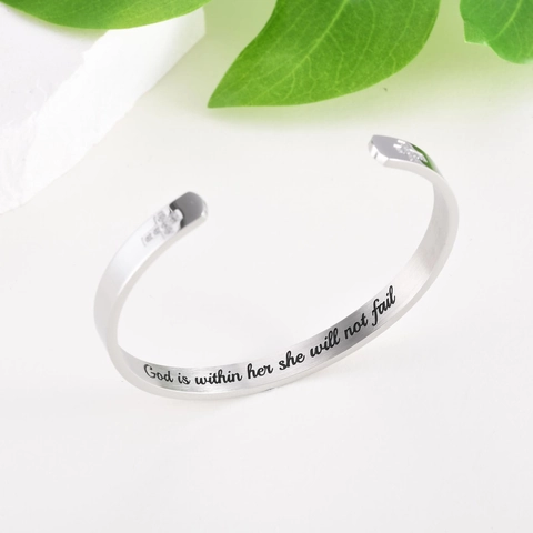 Bracciale Rigido in Acciaio Inossidabile per Donna Con Incisione Croce Religiosa Strass Gioielli Cristiani di Moda
