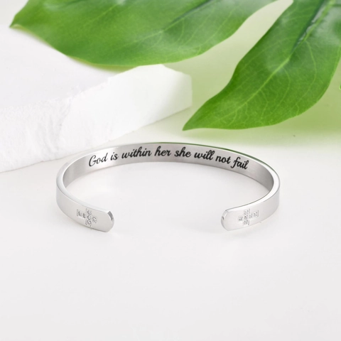 Bracciale Rigido in Acciaio Inossidabile per Donna Con Incisione Croce Religiosa Strass Gioielli Cristiani di Moda