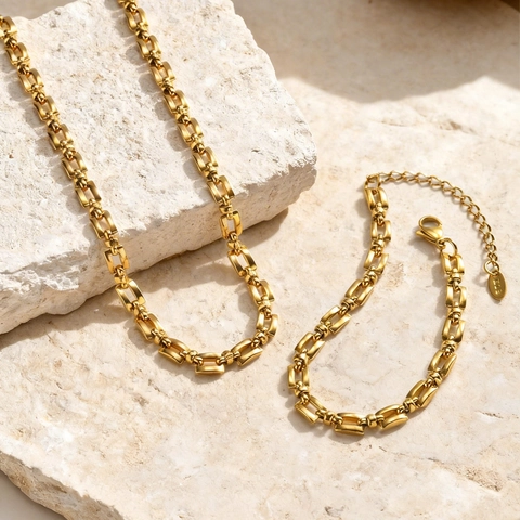 Minimalist Gold Plated Stainless Steel Rectangular Link Chain Jewelry Set Bracelet And Necklace For Women INS Style Jewelry