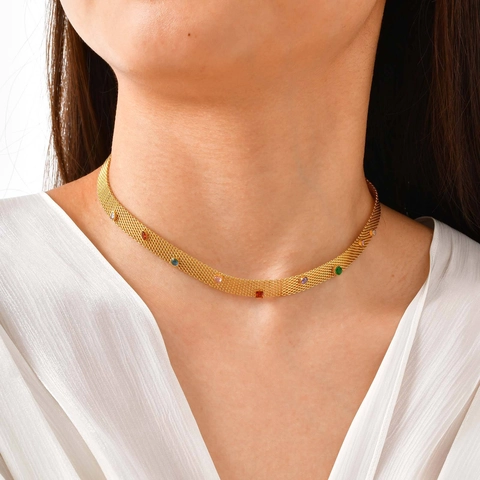 Vintage 18K Vergulde Titanium Stalen Mesh Ketting Ketting Met Meerkleurige Zirconia Voor Vrouwen Mode Sieraden Cadeau