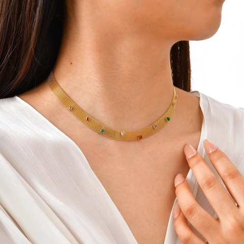 Vintage 18K Vergulde Titanium Stalen Mesh Ketting Ketting Met Meerkleurige Zirconia Voor Vrouwen Mode Sieraden Cadeau