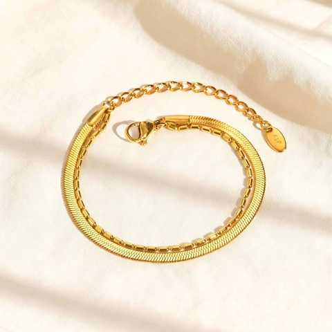 Pulsera de Doble Capa de Acero Inoxidable Oro para Mujer Minimalismo Cadena de Espiga Cadena de Cuentas de Bambú Ajustable