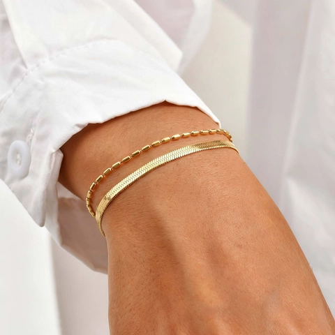 Pulsera de Doble Capa de Acero Inoxidable Oro para Mujer Minimalismo Cadena de Espiga Cadena de Cuentas de Bambú Ajustable