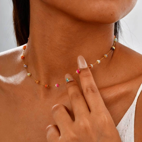 Minimalist Stainless Steel Gold Plated Colorful Stone Beaded Necklace Summer Beach Resort Style Bohemian Jewelry For Women
