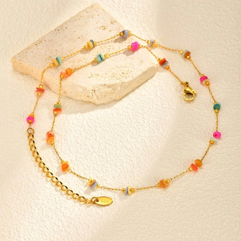 Minimalist Stainless Steel Gold Plated Colorful Stone Beaded Necklace Summer Beach Resort Style Bohemian Jewelry For Women