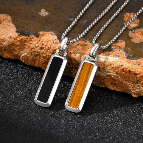 Herren Edelstahl Rechteck Anhänger Halskette Natur Tigerauge Stein Schwarz Inlay Minimalistisch Bar Schmuck Geometrisch Polierte Halskette