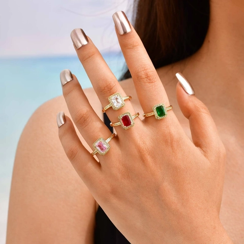 Luxus Kupfer Zirkonia Offene Ringe Für Damen Vergoldet Rechteck Smaragdschliff Verstellbarer Modeschmuck Geschenk