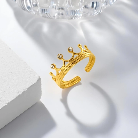 Roestvrij Staal 18K Verguld Kroon Open Ring Voor Vrouwen Minimalistisch Strass Verstelbaar Vinger Ring Sieraden