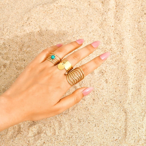 Edelstahl Türkis Offener Ring Für Damen Böhmisch Mehrlagig Wellenförmig Vergoldet Runde Platte Anhänger Verstellbarer Fingerring
