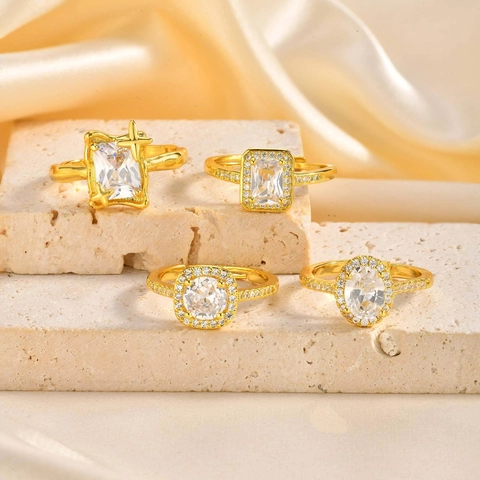 Luxus Kupfer Zirkonia Offene Ringe Für Damen Vergoldet Rechteck Smaragdschliff Verstellbarer Modeschmuck Geschenk