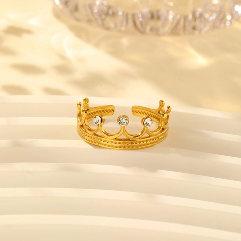 Roestvrij Staal 18K Verguld Kroon Open Ring Voor Vrouwen Minimalistisch Strass Verstelbaar Vinger Ring Sieraden
